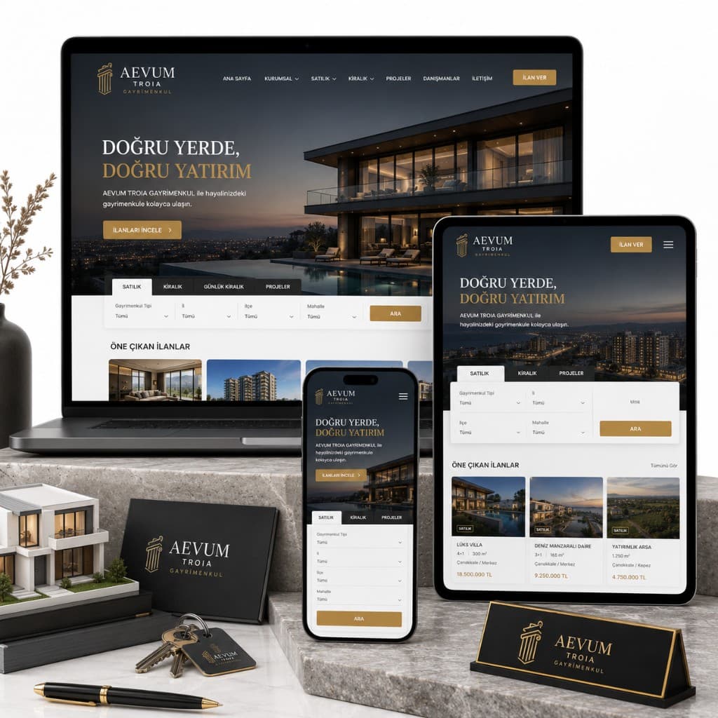 Aevum Troia Real Estate — laptop, tablet ve mobil mockup