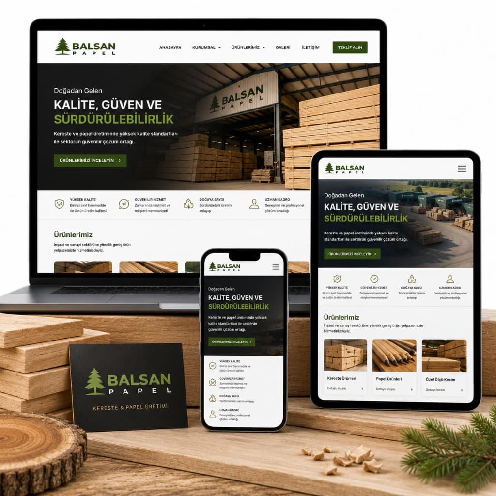 Balsan Papel — laptop, tablet ve mobil mockup
