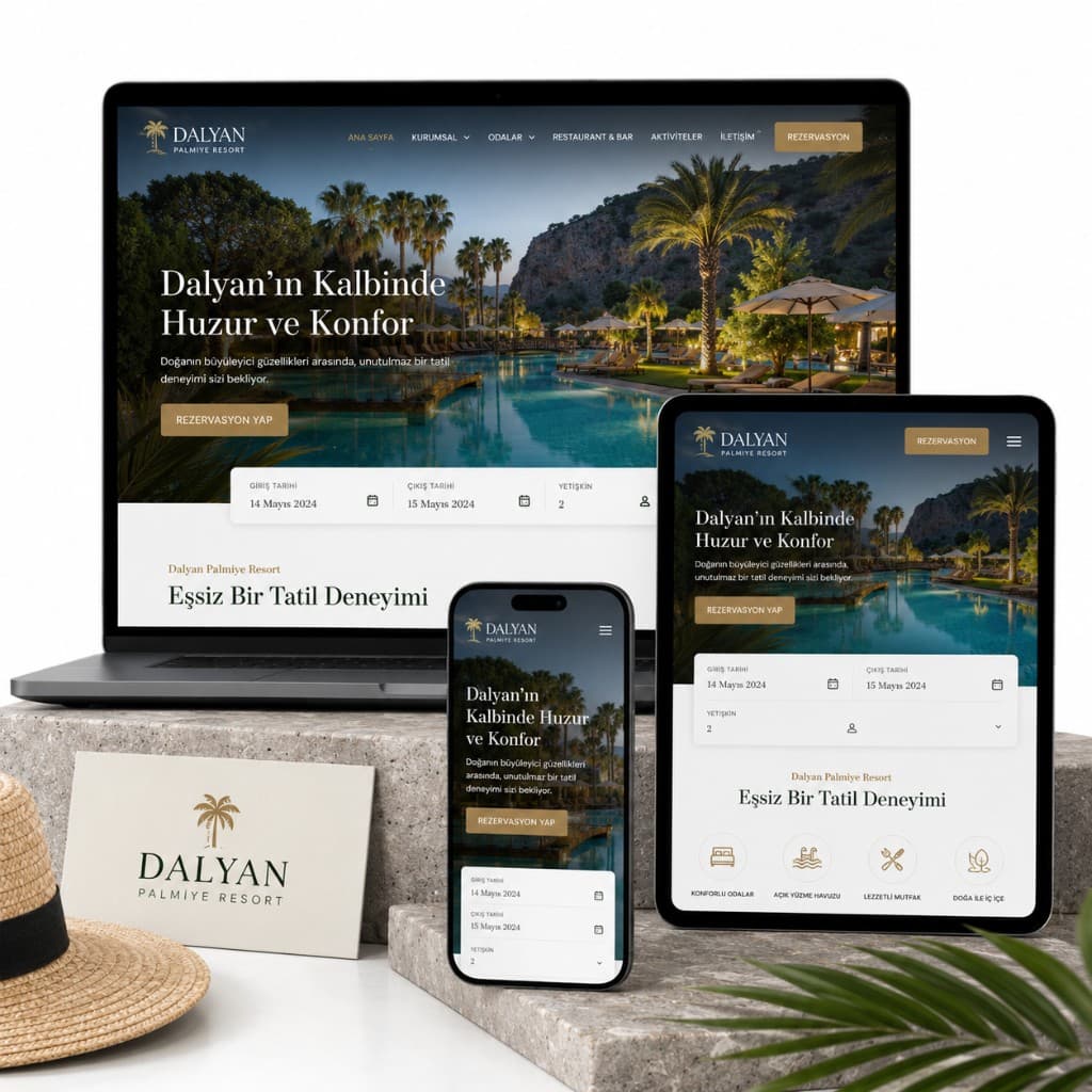 Dalyan Palmiye Resort — laptop, tablet ve mobil mockup