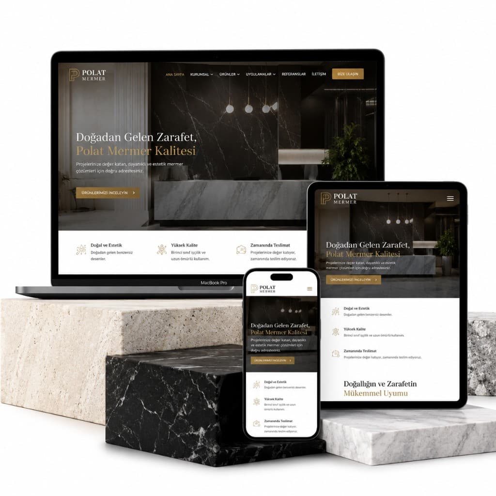 Polat Mermer — laptop, tablet ve mobil mockup